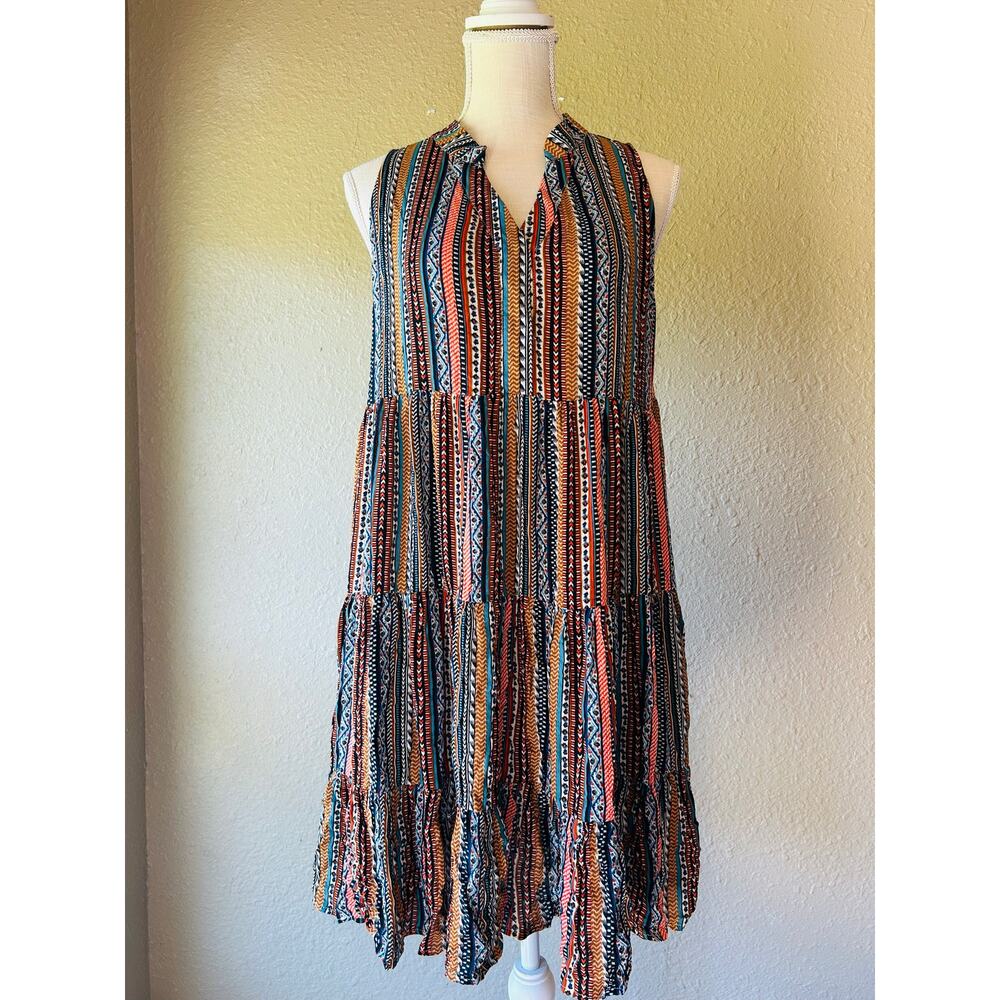 Easel Los Angeles Tiered Mini Dress Womens M Boho Rayon Tribal Print Pockets - Picture 2 of 9